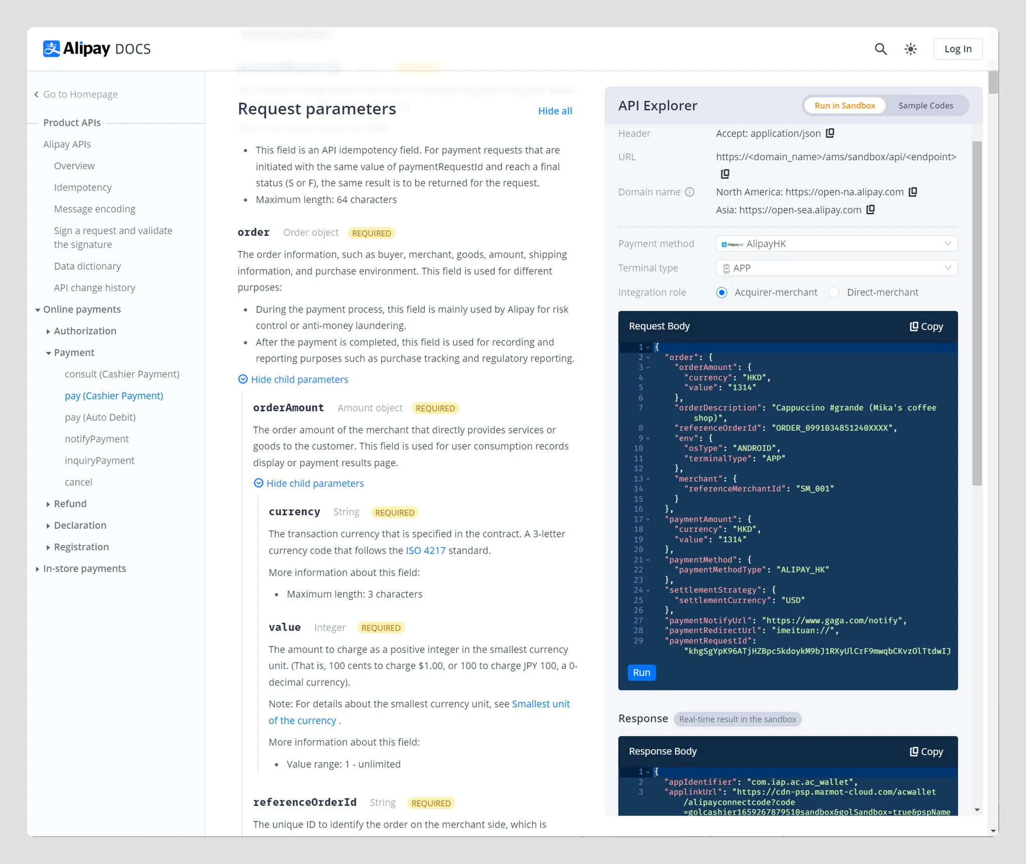 API explorer - screenshot from the doc center