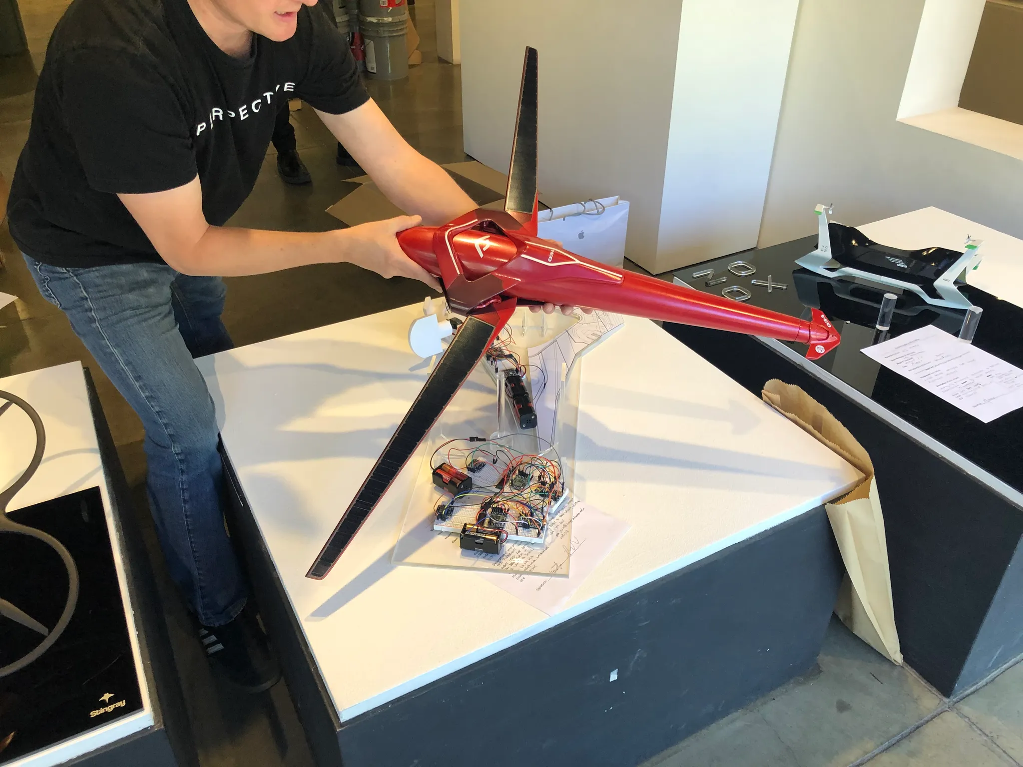Setting up FireSight at the ArtCenter student gallery, FireSight is a fire-watch drone for wild fires. 